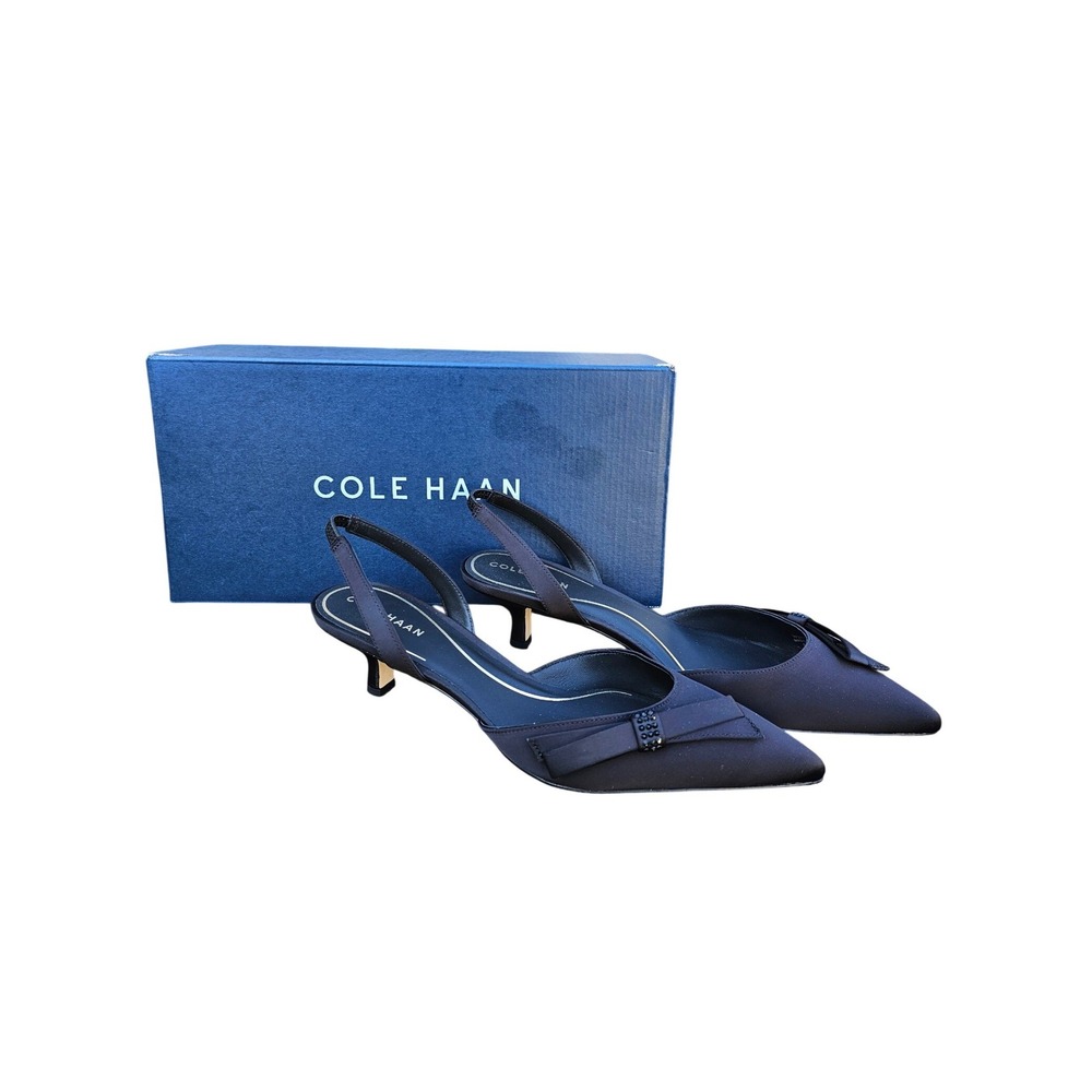 Cole‎ Haan Noella Bow Sling Pump 9.5 Black Satin Kitten Heel Slingback NWB ~